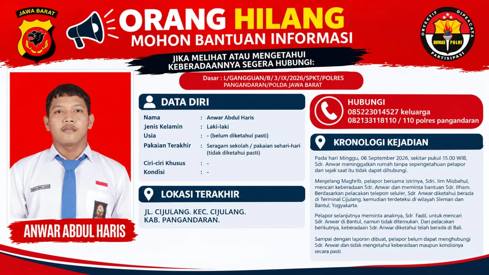 Anwar Dilaporkan Hilang, Keluarga Masih Berupaya Menelusuri Keberadaannya